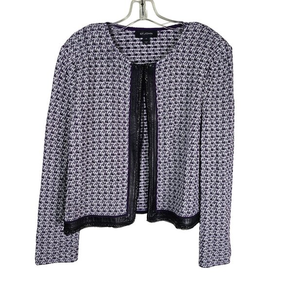 St. John Purple Santana Knit Tweed Jacket 16 Leather Chain Trim USA Old Money
